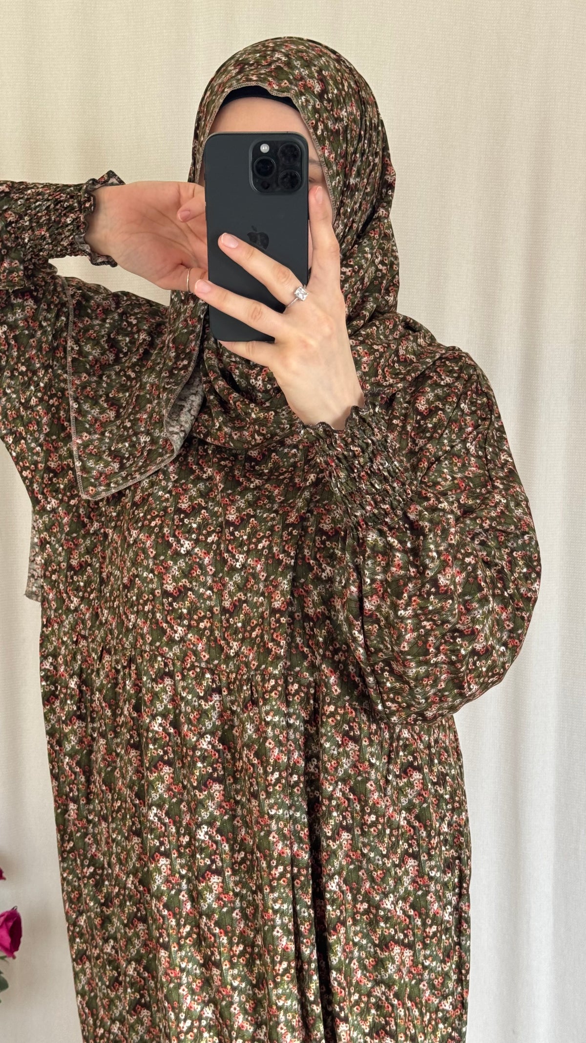 Floral green Cotton Prayer Dress - with gathers under chest