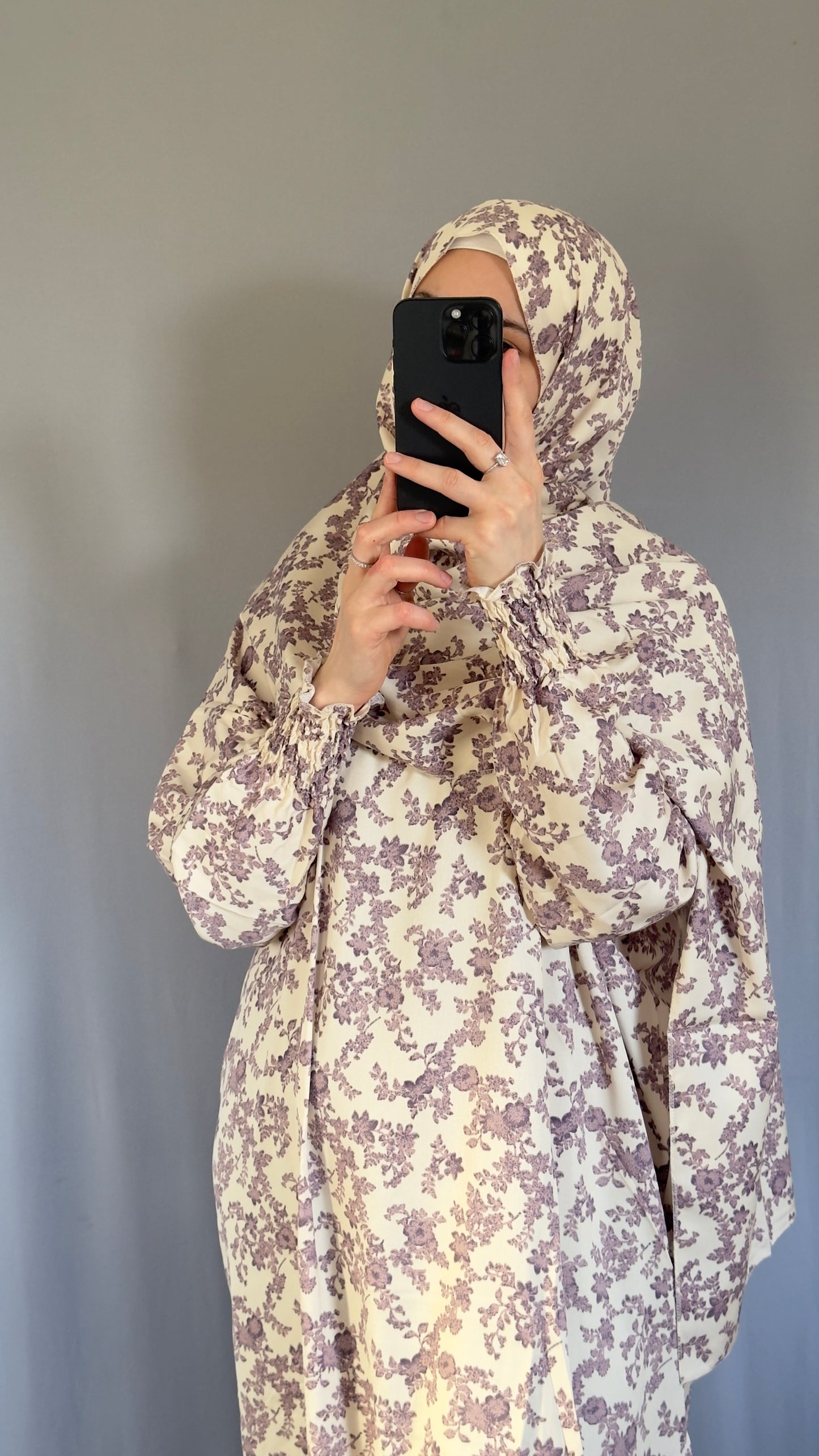 Floral Cream Cotton Muslim Prayer Dress Set – Modest Ramadan Outfit with Hijab, Abaya & Salah Dress for Women | Islamic Gift Idea