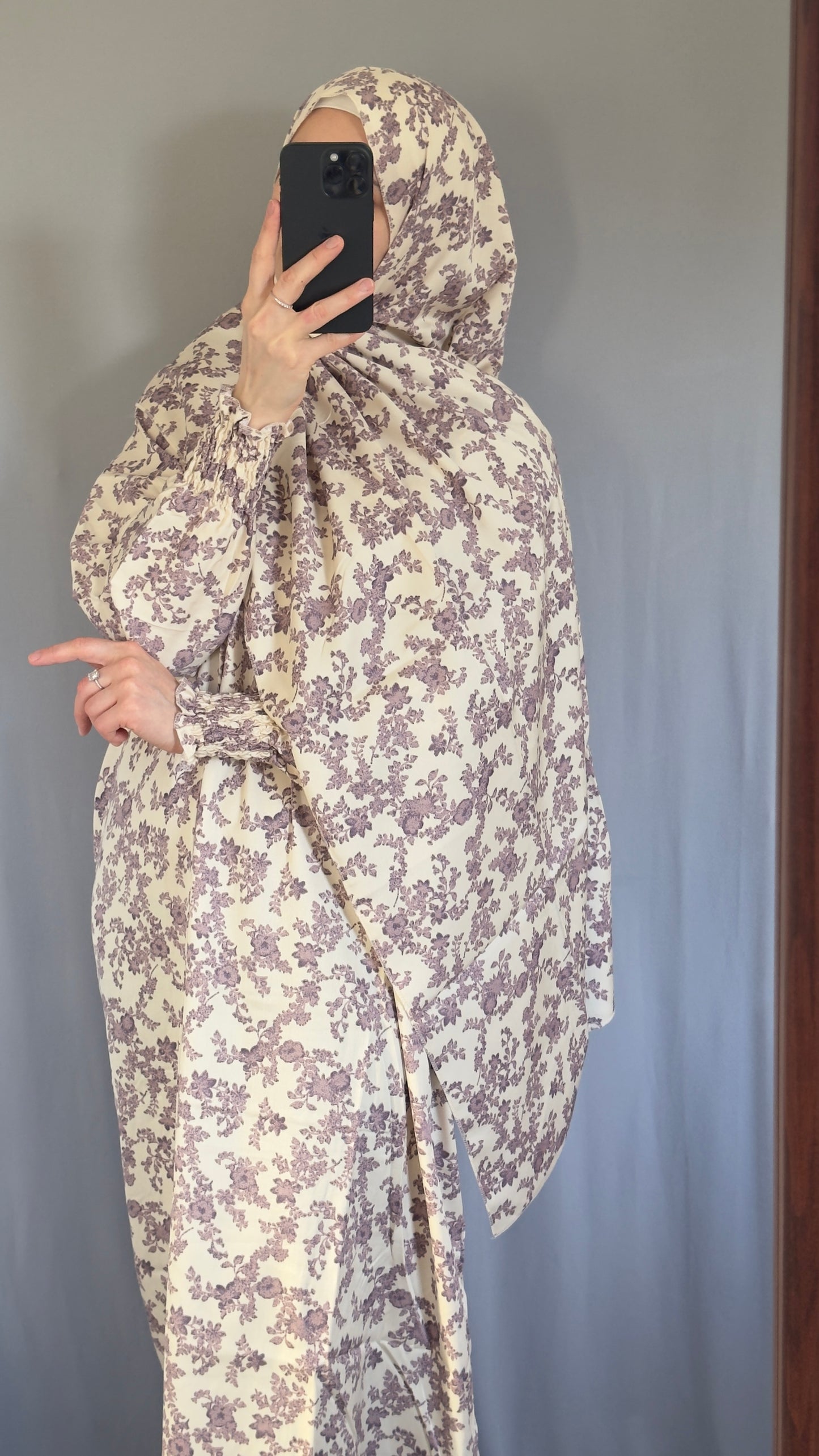 Floral Cream Cotton Muslim Prayer Dress Set – Modest Ramadan Outfit with Hijab, Abaya & Salah Dress for Women | Islamic Gift Idea