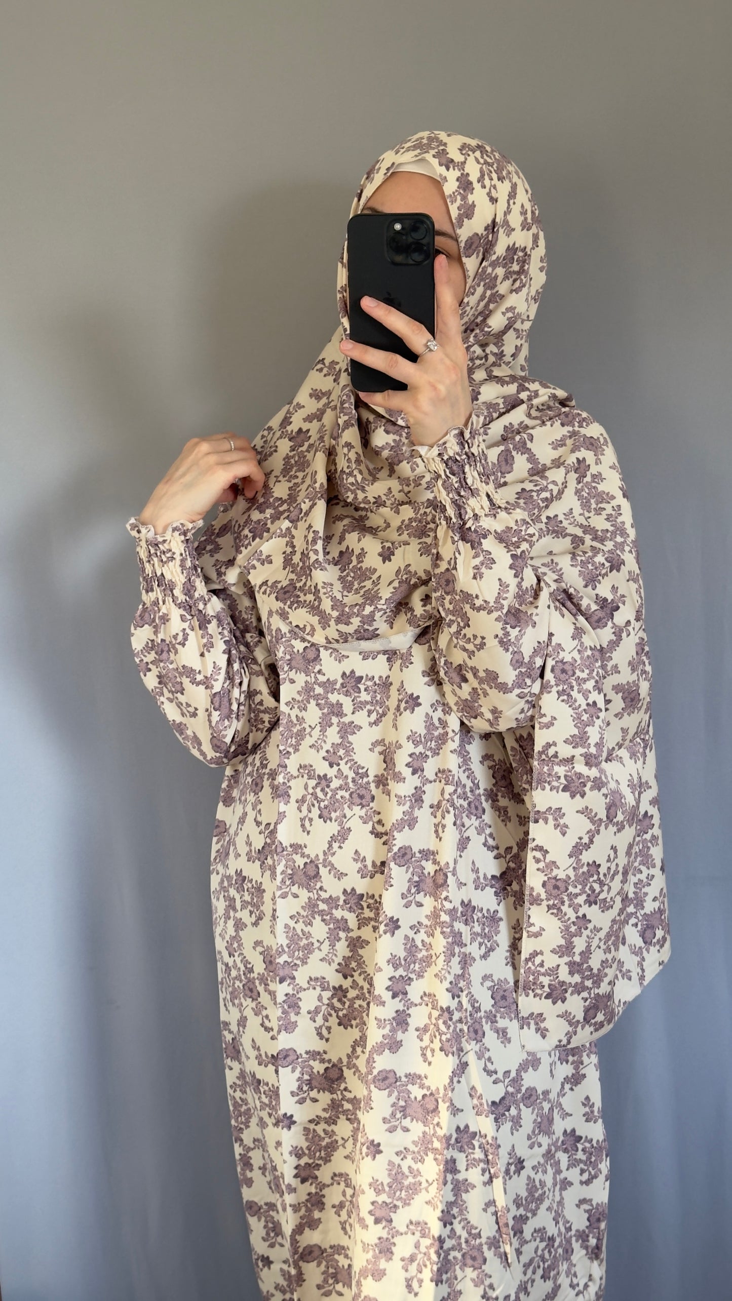 Floral Cream Cotton Muslim Prayer Dress Set – Modest Ramadan Outfit with Hijab, Abaya & Salah Dress for Women | Islamic Gift Idea