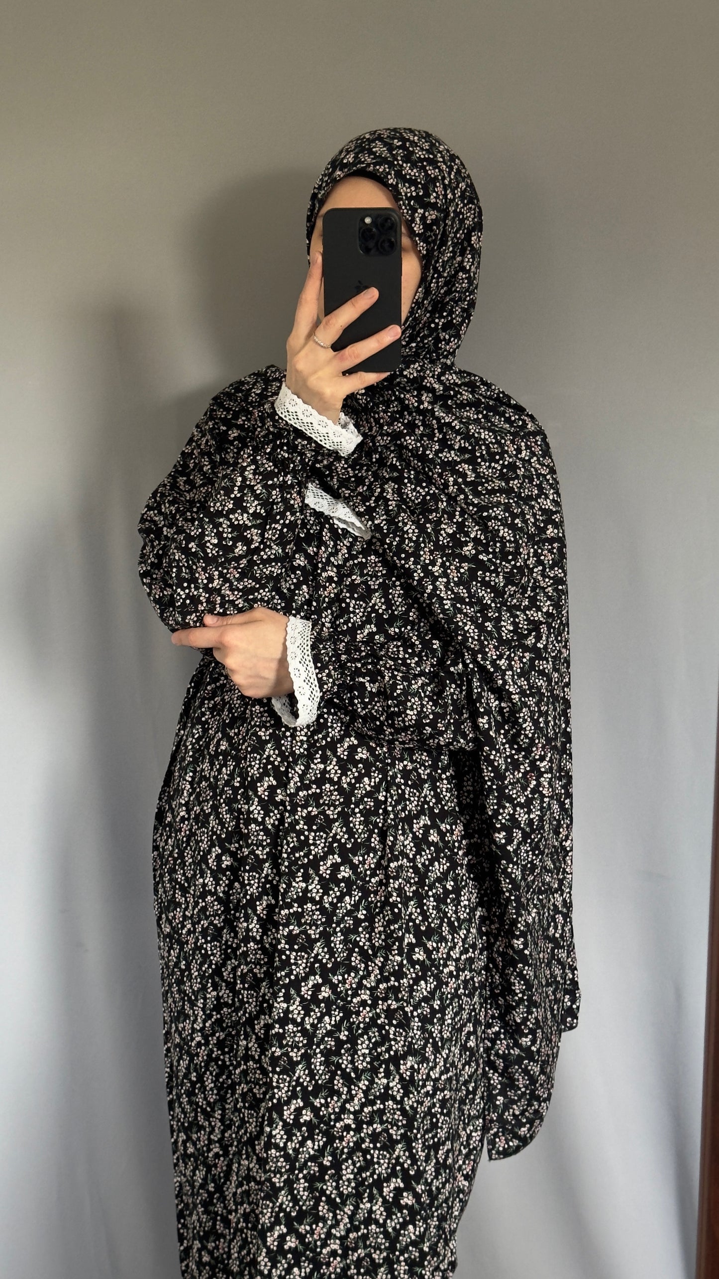 Floral Black Cotton Prayer Dress, Prayer clothes for women, Islamic Prayer dress, Prayer Outfit, Prayer Set, Prayer Hijab, Salah dress, Islamic Gift, Muslim clothing, Prayer abaya