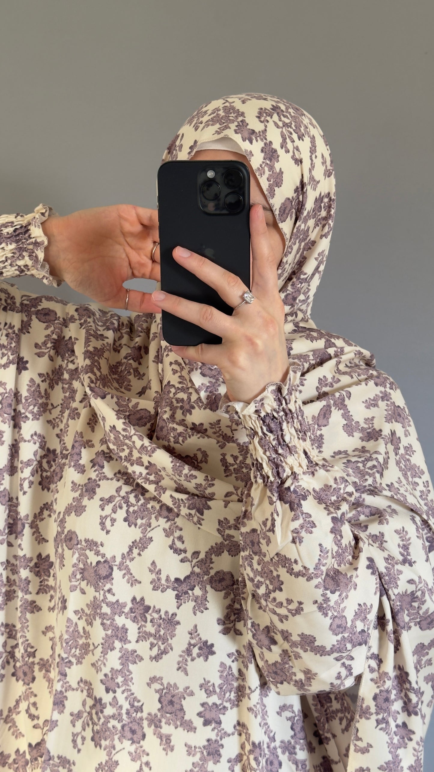 Floral Cream Cotton Muslim Prayer Dress Set – Modest Ramadan Outfit with Hijab, Abaya & Salah Dress for Women | Islamic Gift Idea