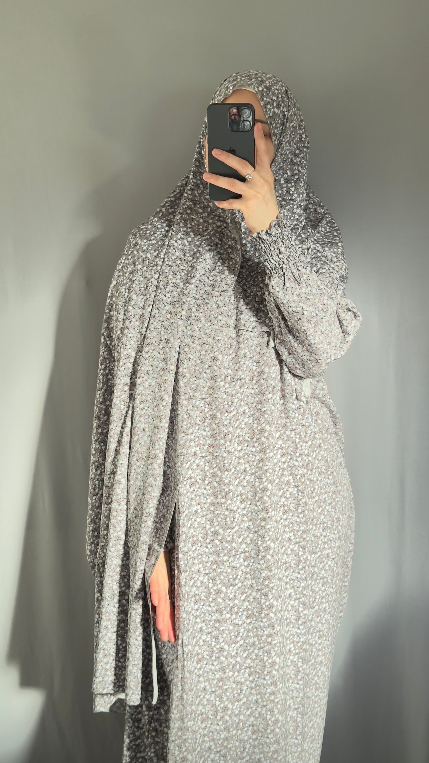 Floral Grey Cotton Muslim Prayer Dress Set – Modest Ramadan Outfit with Hijab, Abaya & Salah Dress for Women | Islamic Gift Idea