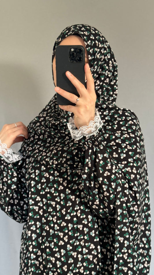 Floral Black Prayer Dress / Overhead Abaya / Prayer Abaya Set / Prayer Dress for Woman / Prayer Clothes Muslim / Prayer Gown / Prayer Outfit/ Salah Dress / Namaz Dress