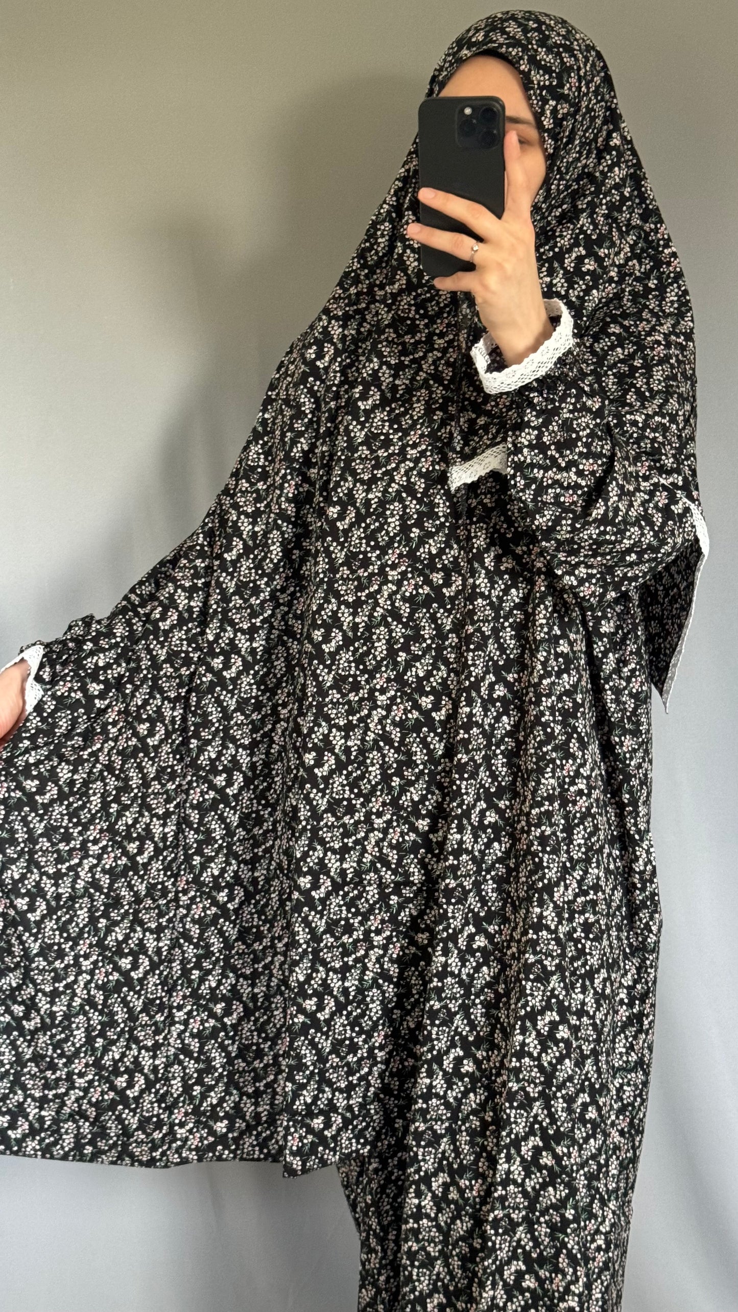 Floral Black Cotton Prayer Dress, Prayer clothes for women, Islamic Prayer dress, Prayer Outfit, Prayer Set, Prayer Hijab, Salah dress, Islamic Gift, Muslim clothing, Prayer abaya