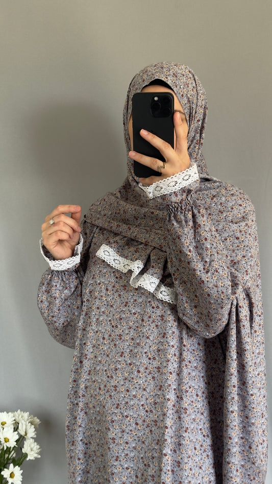 Elegant Floral Grey Prayer Dress – Modest Islamic Wear for Women - Breathable Cotton Salah Dress - Modest Prayer Dress for Women - Summer Floral Abaya - Prayer Set, Islamic Gift