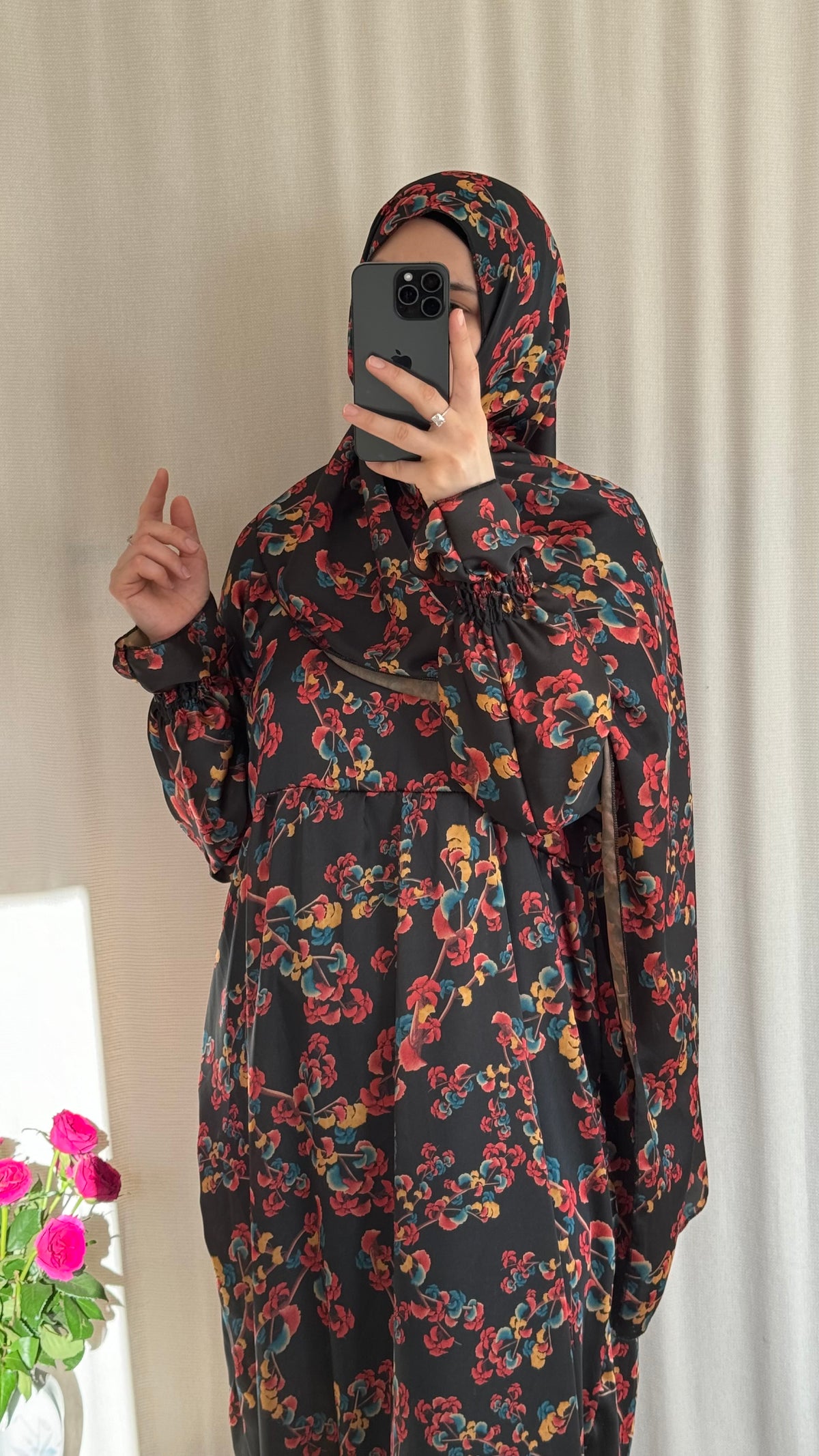 Floral Silk Abaya - Elegant Full-Length Modest Prayer Dress | Soft Lightweight Islamic Prayer Wear
