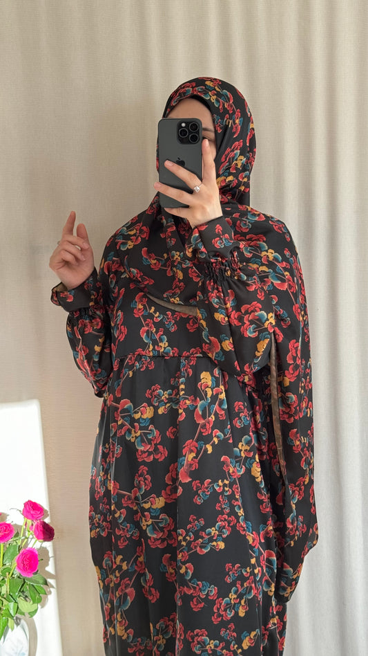 Floral Silk Abaya - Elegant Full-Length Modest Prayer Dress | Soft Lightweight Islamic Prayer Wear