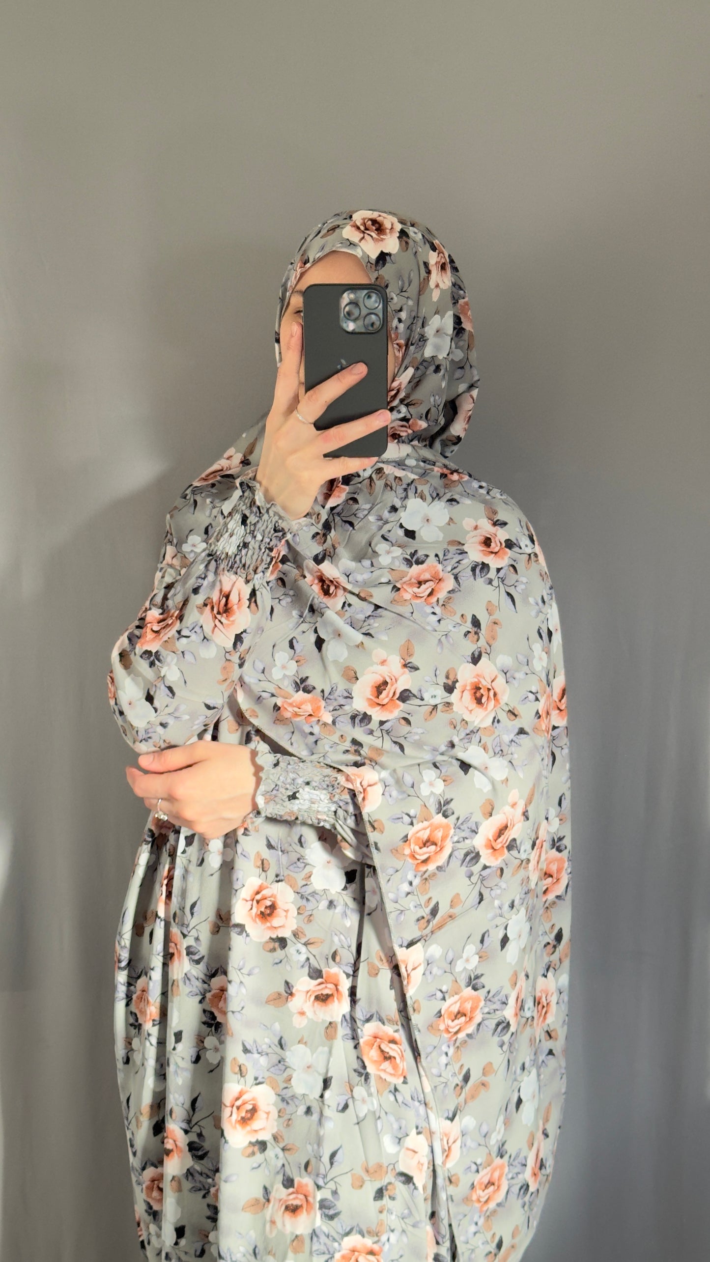 Floral Grey Prayer Dress / Overhead Abaya / Prayer Abaya Set / Prayer Dress for Woman / Prayer Clothes Muslim / Prayer Gown / Prayer Outfit/ Salah Dress / Namaz Dress / Ramadan Abaya / Eid Gift