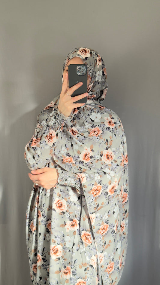 Floral Grey Prayer Dress / Overhead Abaya / Prayer Abaya Set / Prayer Dress for Woman / Prayer Clothes Muslim / Prayer Gown / Prayer Outfit/ Salah Dress / Namaz Dress / Ramadan Abaya / Eid Gift