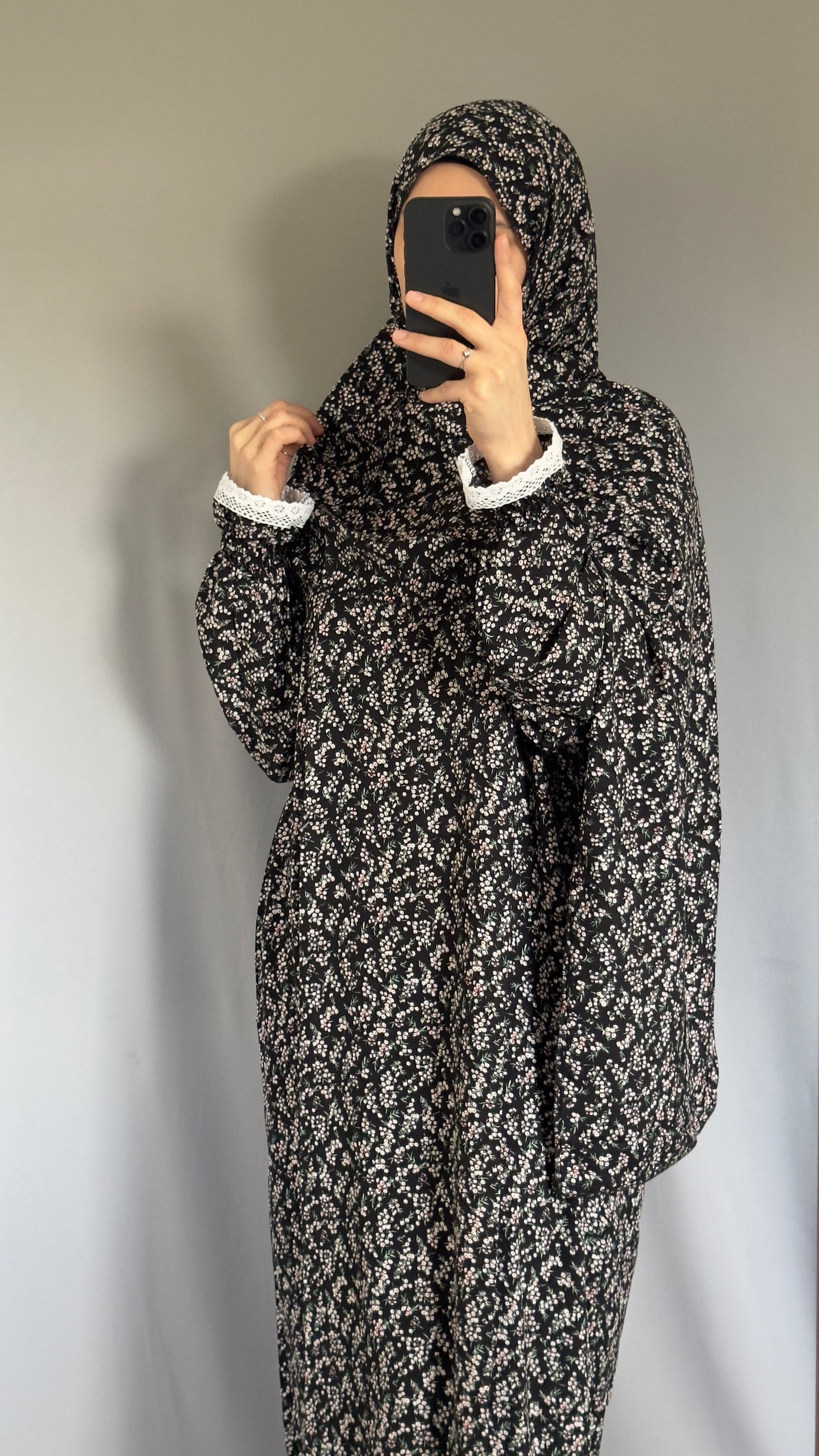 Floral Black Cotton Prayer Dress, Prayer clothes for women, Islamic Prayer dress, Prayer Outfit, Prayer Set, Prayer Hijab, Salah dress, Islamic Gift, Muslim clothing, Prayer abaya