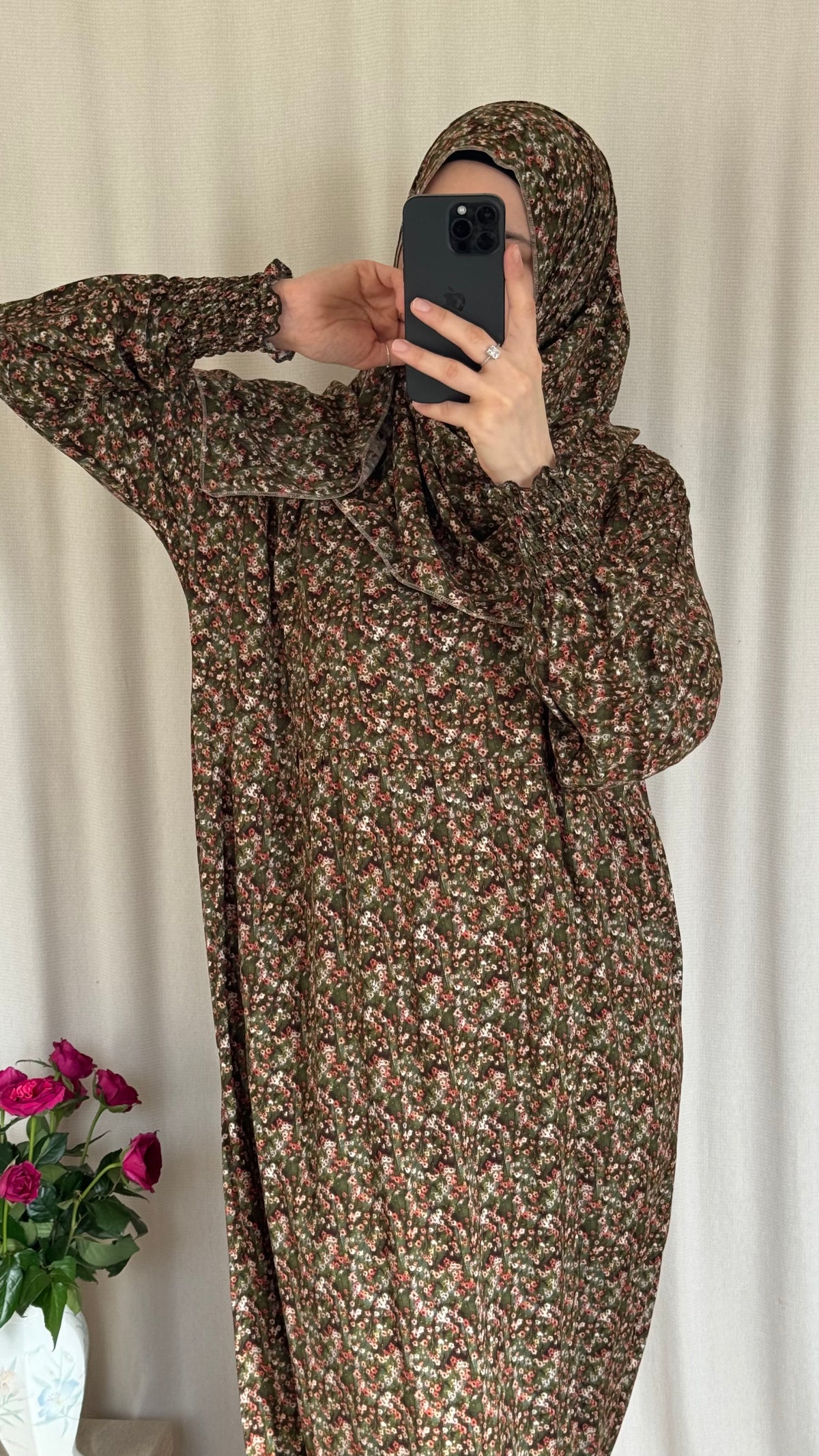 Floral green Cotton Prayer Dress - with gathers under chest