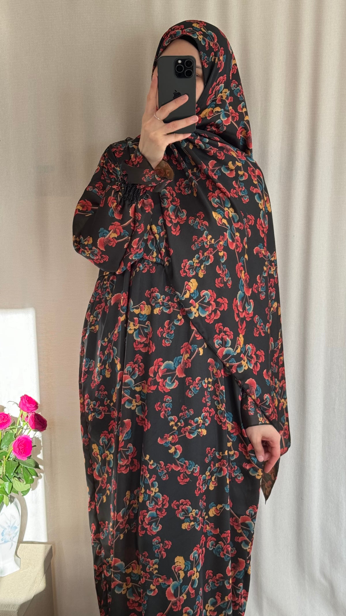 Floral Silk Abaya - Elegant Full-Length Modest Prayer Dress | Soft Lightweight Islamic Prayer Wear