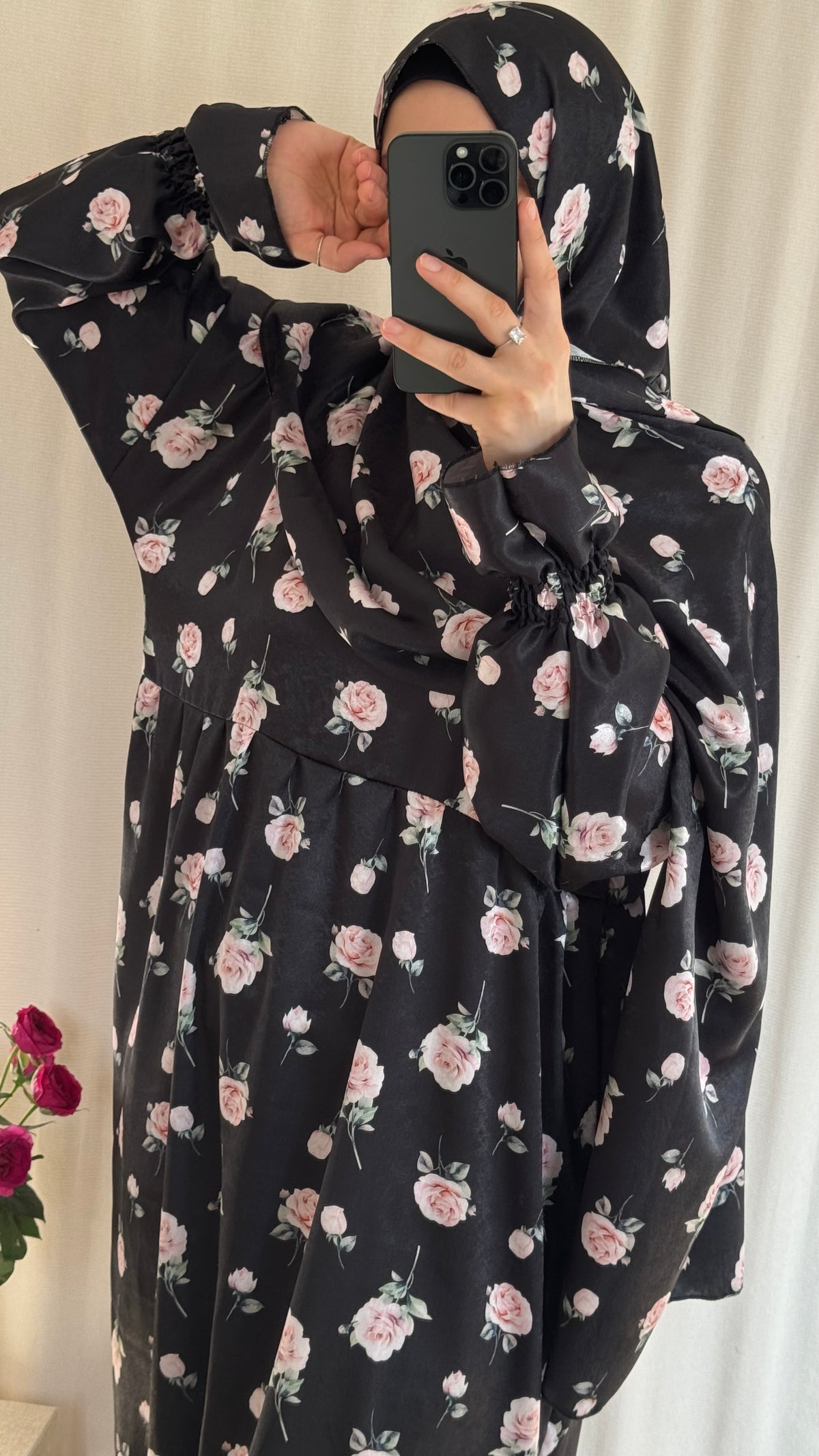 Floral Silk Abaya - Elegant Full-Length Modest Prayer Dress | Soft Lightweight Islamic Prayer Wear