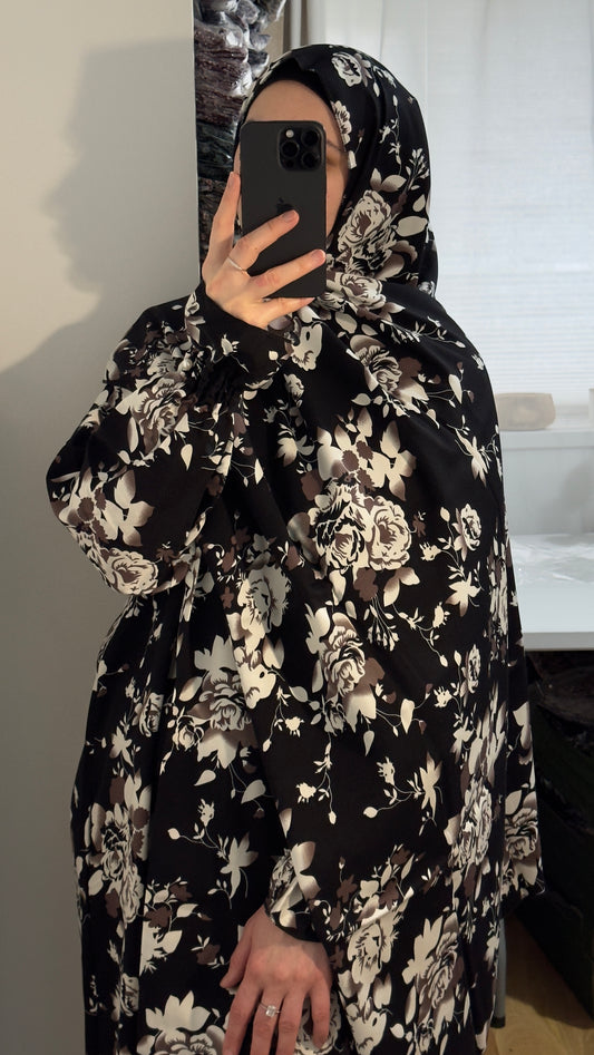 Black Luxury Two-Piece Muslim Prayer Dress Set – Jilbab, Abaya, Modest Salah Outfit for Women | Islamic Gift Idea