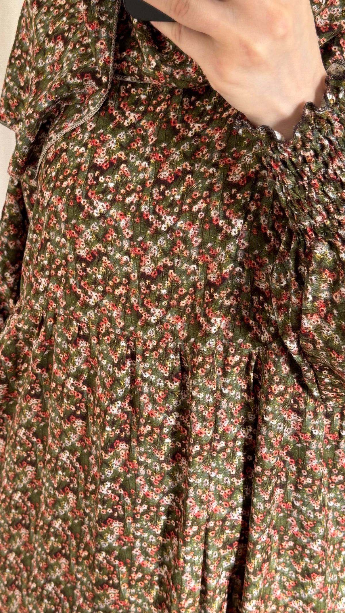 Floral green Cotton Prayer Dress - with gathers under chest