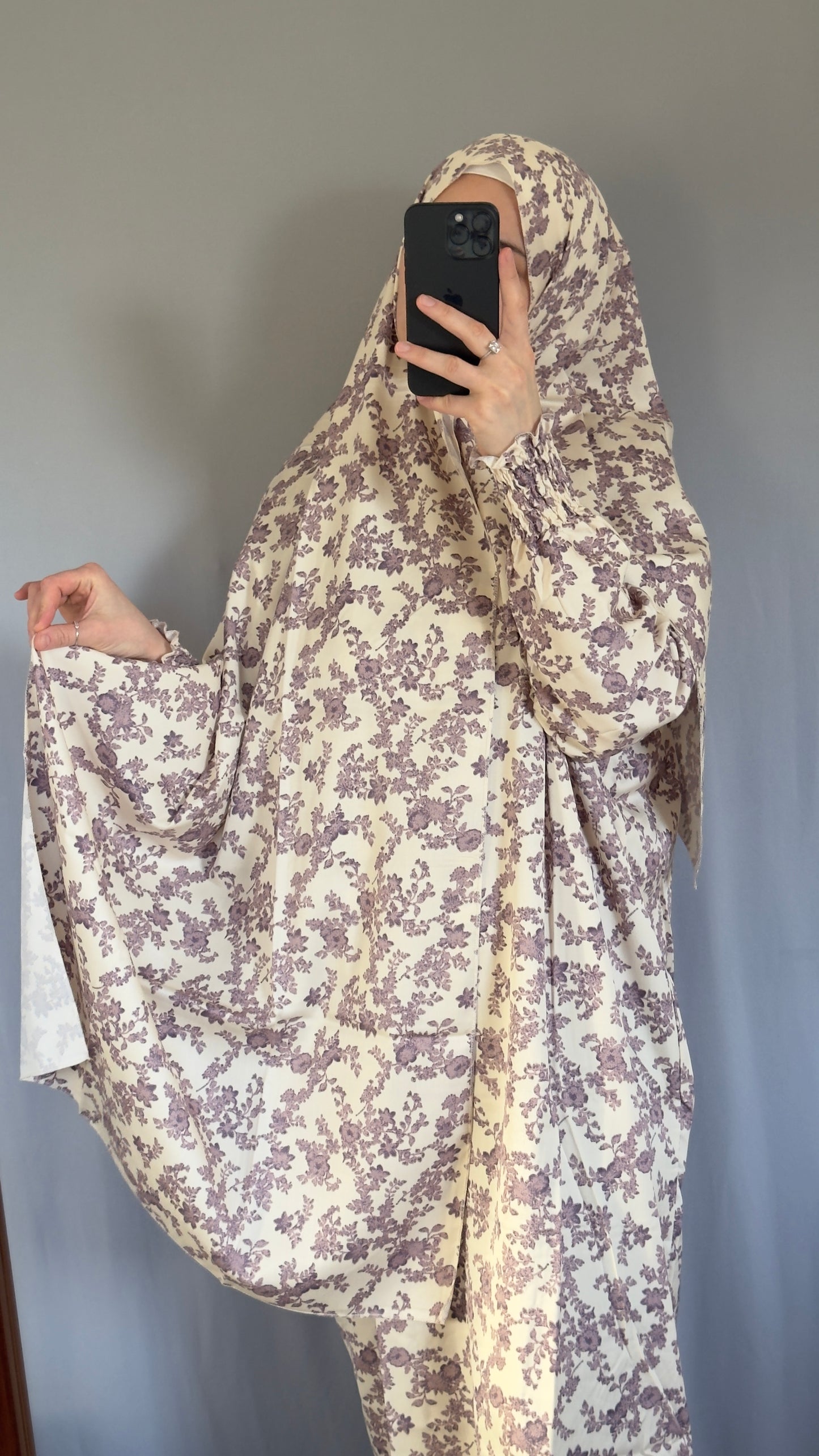 Floral Cream Cotton Muslim Prayer Dress Set – Modest Ramadan Outfit with Hijab, Abaya & Salah Dress for Women | Islamic Gift Idea