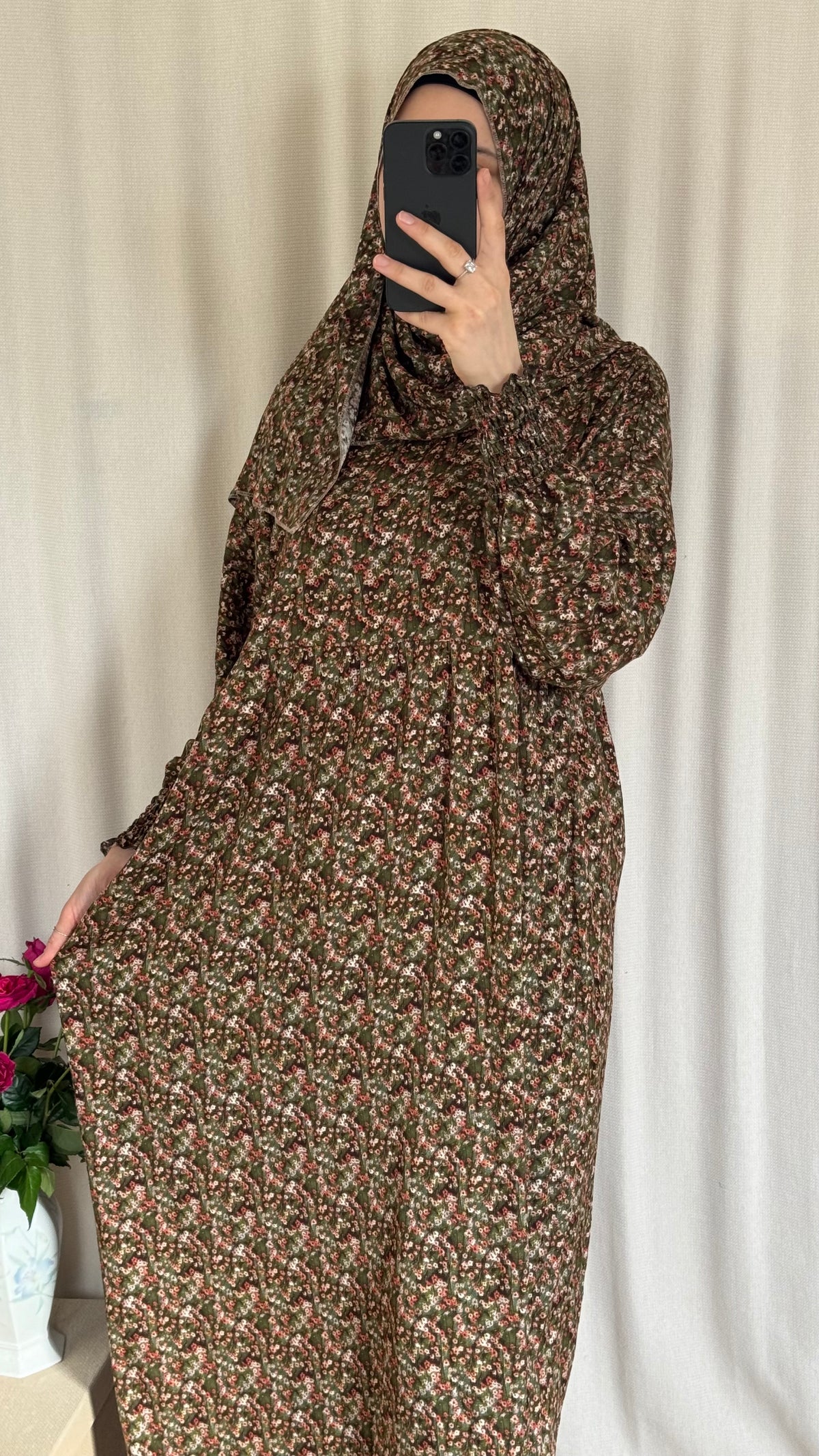 Floral green Cotton Prayer Dress - with gathers under chest