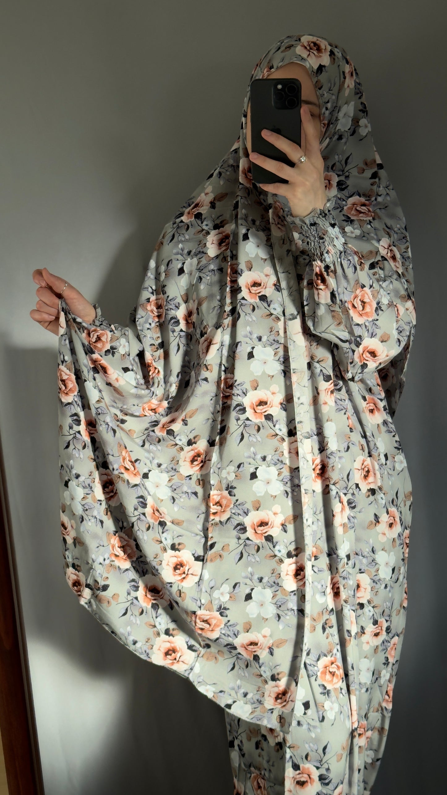 Floral Grey Prayer Dress / Overhead Abaya / Prayer Abaya Set / Prayer Dress for Woman / Prayer Clothes Muslim / Prayer Gown / Prayer Outfit/ Salah Dress / Namaz Dress / Ramadan Abaya / Eid Gift