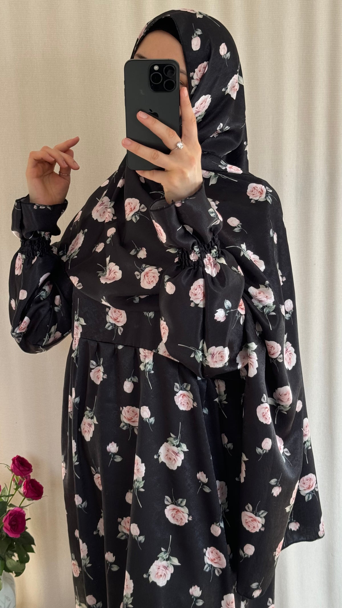 Floral Silk Abaya - Elegant Full-Length Modest Prayer Dress | Soft Lightweight Islamic Prayer Wear