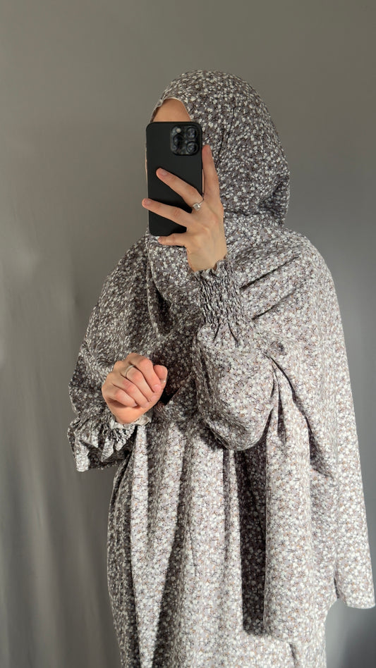 Floral Grey Cotton Muslim Prayer Dress Set – Modest Ramadan Outfit with Hijab, Abaya & Salah Dress for Women | Islamic Gift Idea