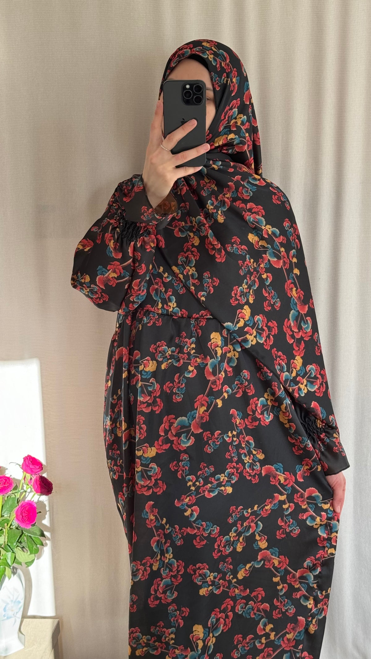 Floral Silk Abaya - Elegant Full-Length Modest Prayer Dress | Soft Lightweight Islamic Prayer Wear