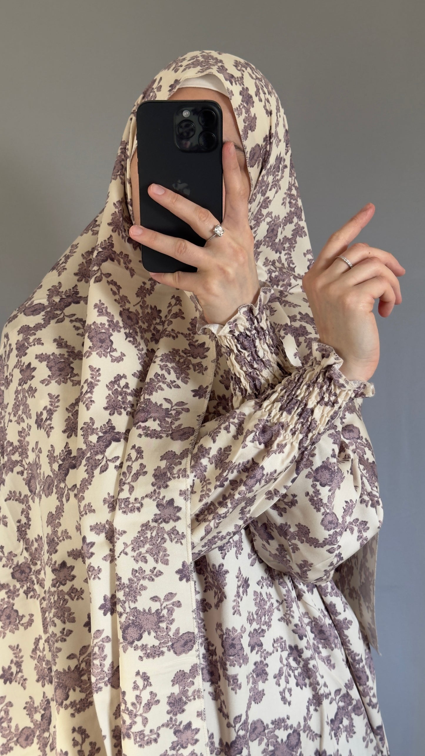 Floral Cream Cotton Muslim Prayer Dress Set – Modest Ramadan Outfit with Hijab, Abaya & Salah Dress for Women | Islamic Gift Idea